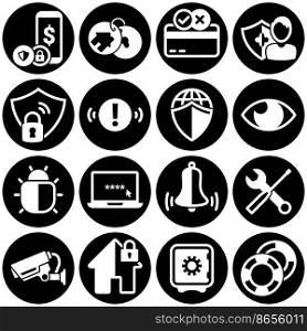 Set of simple icons on a theme Security, credit card, insurance, internet, surveillance, home, notification, vector, flat, sign, web, symbol, object. White background
