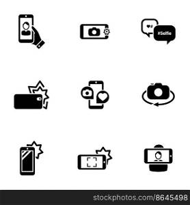 Set of simple icons on a theme Self, photo, camera, phone, mobile, interaction, technology, vector, set. Black icons isolated against white background