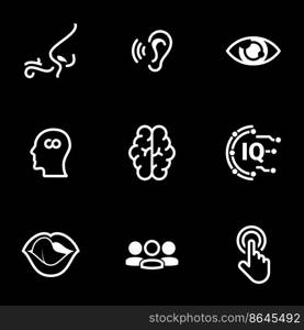 Set of simple icons on a theme Sense organs, man, mind, processing, perception, intellect , vector, set. White icons isolated against black background