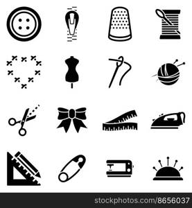 Set of simple icons on a theme sewing equipment and needlework, vector, design, collection, flat, sign, symbol,element, object, illustration. Black icons isolated against white background