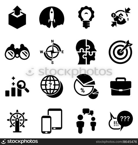 Set of simple icons on a theme start up, Project, business, vector, design, flat, sign, symbol, object, illustration. Black icons isolated against white background