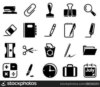 Set of simple icons on a theme stationery, office, vector, design, flat, sign, symbol,element, object, illustration. Black icons isolated against white background