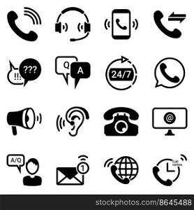 Set of simple icons on a theme Technical support, service, questions, answers, communication, office, internet, marketing, advertising, vector, set. Black icons isolated against white background