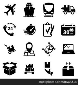 Set of simple icons on a theme Transportation, logistics, cargo, vector, design, flat, sign, symbol,element, object, illustration. Black icons isolated against white background