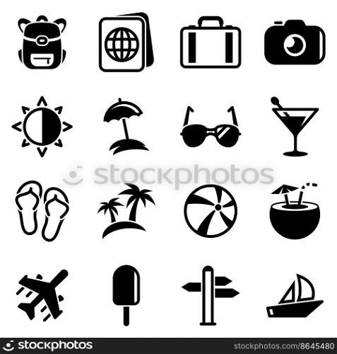 Set of simple icons on a theme Travel, summer, heat,ice cream, slippers, entertainment, beach , vector, design, flat, sign, symbol, object, illustration. Black icons isolated against white background