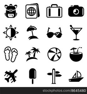 Set of simple icons on a theme Travel, summer, heat,ice cream, slippers, entertainment, beach , vector, design, flat, sign, symbol, object, illustration. Black icons isolated against white background