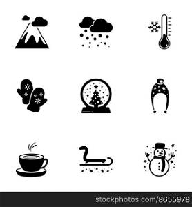 Set of simple icons on a theme winter, vector, design, collection, flat, sign, symbol,element, object, illustration, isolated. White background