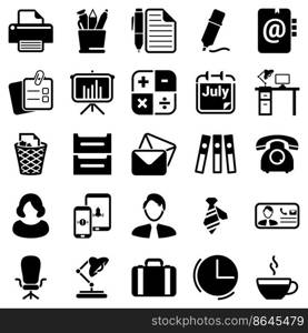 Set of simple icons on a theme workspace,time, Graph, working, table, business, work, space, , vector, design, flat, sign, symbol, object, illustration. Black icons isolated against white background