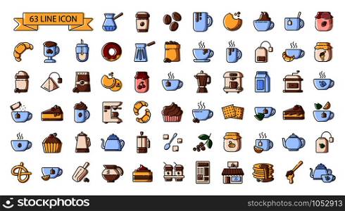 Set of simple outline color icons - tea and coffee drinks, coffee amking equipment, kitchenware, hot energetic beverages, desserts or sweet food for breakfast, isolated vector symbols for web and app. Tea Coffee Outline Icons