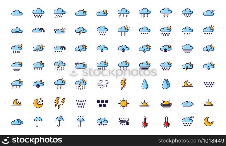 Set of simple outline filled colorful icons - weather or forecast sings with blue clouds, snow, rain, fog, wind, sun and moon - vector isolated symbols collection.. Weather Line Filled Color Icons