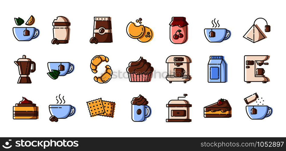 Set of simple outline filled icons - coffee and tea, coffee brewing equipment, cup or mug with hot drinks and desserts for breakfast, isolated colorful vector symbols on white background for web, app. Tea Coffee Outline Icons