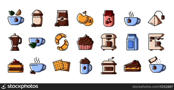 Set of simple outline filled icons - coffee and tea, coffee brewing equipment, cup or mug with hot drinks and desserts for breakfast, isolated colorful vector symbols on white background for web, app. Tea Coffee Outline Icons