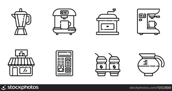 Set of simple outline icons - coffee brewing equipment, coffee maker and mashine, automate, cafe or restaurant pictogram, hot drinks or beverages for breakfast, isolated vector symbol for web, app. Tea Coffee Outline Icons
