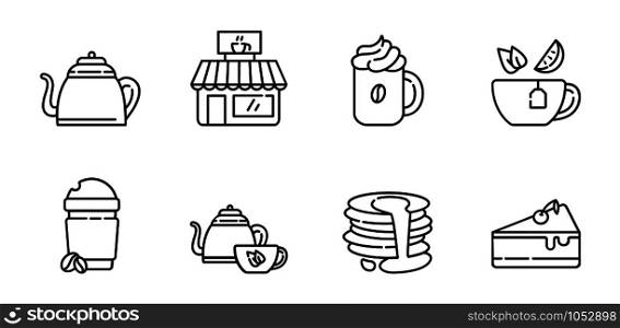 Set of simple outline icons - tea and coffee party, hot drinks, beverages and desserts for breakfast, cafe or coffe bar, isolated vector symbol for web, app. Tea Coffee Outline Icons