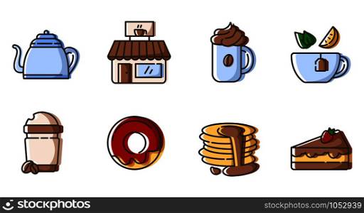 Set of simple outline icons - tea and coffee party, hot drinks, beverages and desserts for breakfast, cafe or coffe bar, isolated vector symbol for web, app. Tea Coffee Outline Icons