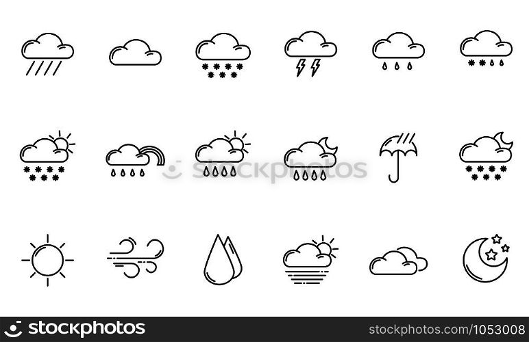 Set of simple outline icons - weather or forecast sings with clouds, snow, rain, fog, wind, sun and moon - vector isolated symbols collection.. Weather Outline Icons