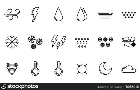 Set of simple outline icons - weather or forecast sings with clouds, snow, rain, fog, wind, sun and moon - vector isolated symbols collection.. Weather Outline Icons