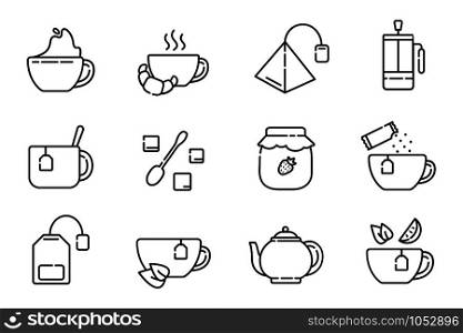 Set of simple outline icons with tea party stuff - tea brewing equipment, cups, kettle, tea bag, french press hot drinks and desserts for breakfast, line isolated vector symbols. Tea Coffee Outline Icons