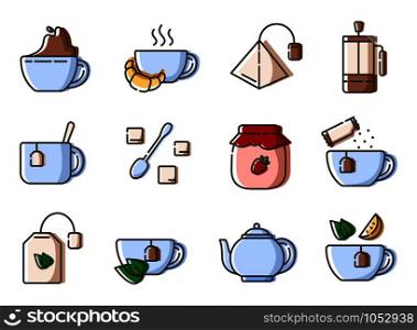 Set of simple outline icons with tea party stuff - tea making equipment, cups, kettle, tea bag, french press hot drinks and desserts for breakfast, line isolated vector symbols. Tea Coffee Outline Icons