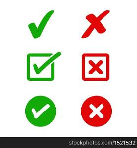 Set of simple web buttons: green check mark and red cross.Vector illustration