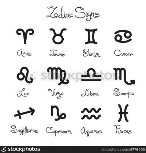 Set of simple zodiac signs with captions. . Set of simple zodiac signs with captions