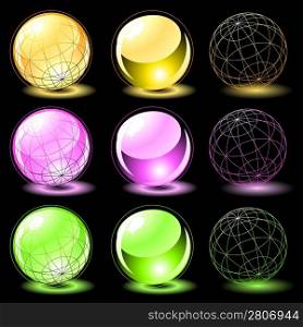 Set of six abstract colorful glossy spheres
