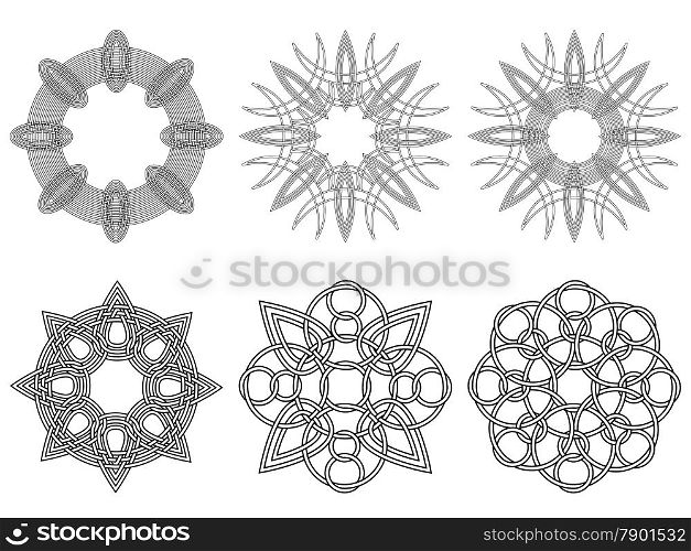 Set of six abstract vector ornamental black circular stencils on a white background. Set of six black circular stencils