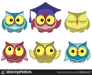 Set of six amusing colorful vector owls isolated on the white background