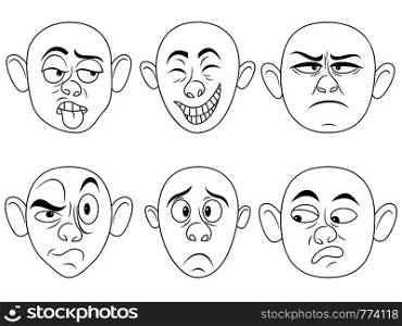 Set of six amusing male grimaces, sketching cartoon vector outlines isolated on the white background