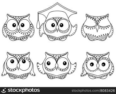 Set of six amusing owl vector black outlines isolated on the white background