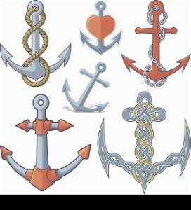 Set of six anchor icons isolated on white background.