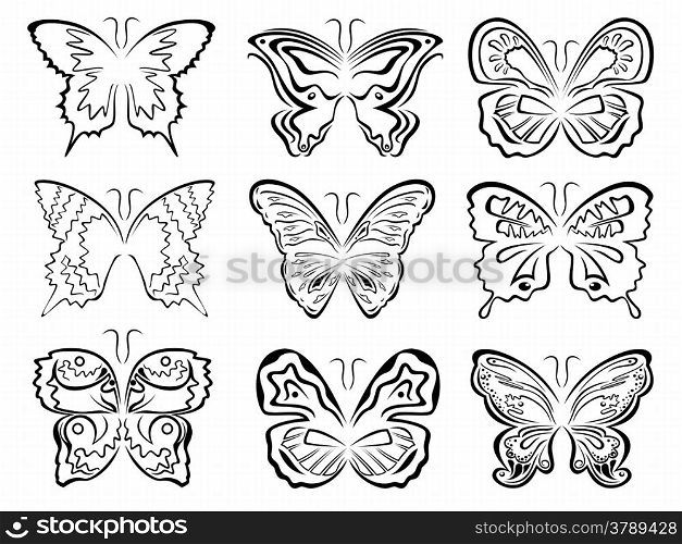 Set of six black butterflies contours over white, hand drawing vector artwork