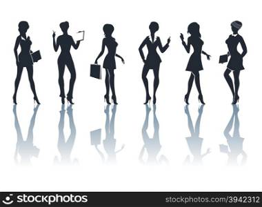 Set of six businesswomen silhouettes with accessories and shadows. Isolated on white.