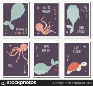 Set of six cards with underwater animals and birthday messages, whale, octopus, turtle, colorful vector illustration