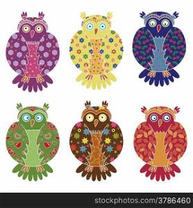 Set of six colourful vector owls with lace ornamental bodies and without contour lines, isolated on white background