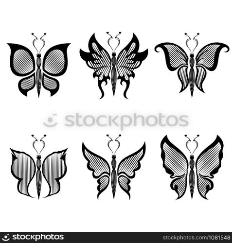 Set of six decorative black butterflies on the white background, hand drawing artworks