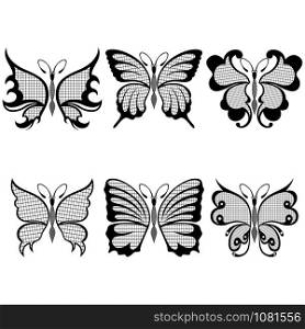 Set of six decorative black butterflies with wings decorate mesh on the white background, hand drawing artworks
