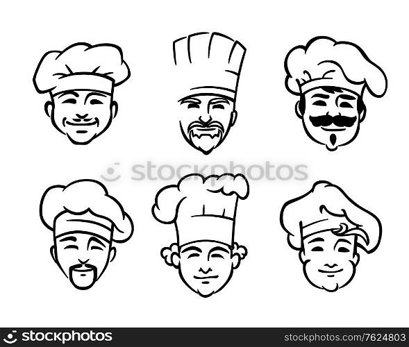 Set of six different black and white doodle sketch chef or cooks heads with smiling faces wearing the traditional white toque or hat