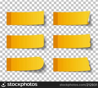 Set of six different yellow sticy notes with shadows, vector eps10 illustration. Yellow Sticky Notes