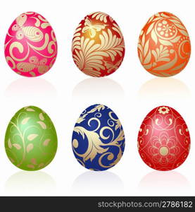 Set of six Easter eggs with gold ornaments