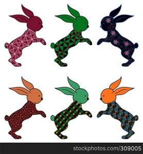 Set of six Easter rabbits decorated with ornamental pattern isolated on the white background, vector illustration