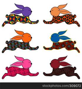Set of six Easter rabbits decorated with ornamental pattern isolated on the white background, vector illustration