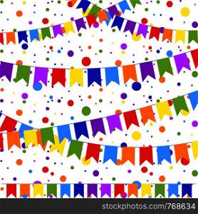 Set of six flat colored garlands isolated in the form of flags on a rope. On the background of colorful confetti. Suitable for design.