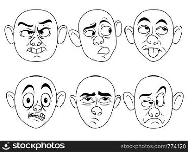Set of six funny male characters with various grimaces, cartoon vector illustration isolated on the white background