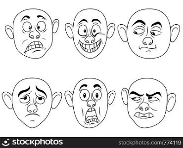Set of six funny male grimaces, sketching cartoon vector outlines isolated on the white background