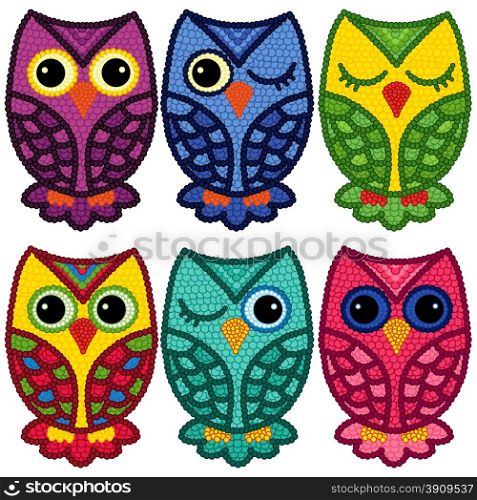 Set of six motley funny owls with circle elements isolated over white background, cartoon vector illustration