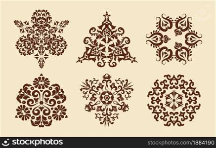 Set of six patterns of mandalas. Mehndi pattern. Decorative texture. Brown, beige color. For the design of wall, menus, wedding invitations or labels, for laser cutting, marquetry. . Set of six patterns of mandalas.