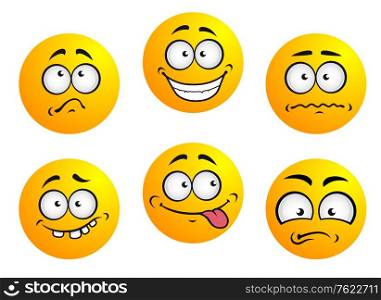 Set of six round yellow emoticons showing facial expression depicting happiness, sadness, bashful, nonplussed, embarrassed, tongue out and toothy