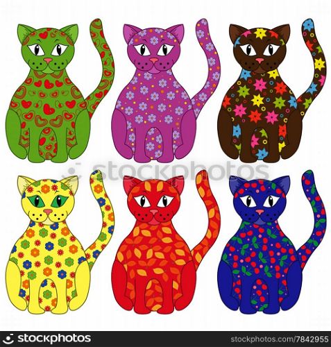 Set of six stylized cats painted by various floral and geometric ornaments, hand drawing cartoon vector illustration