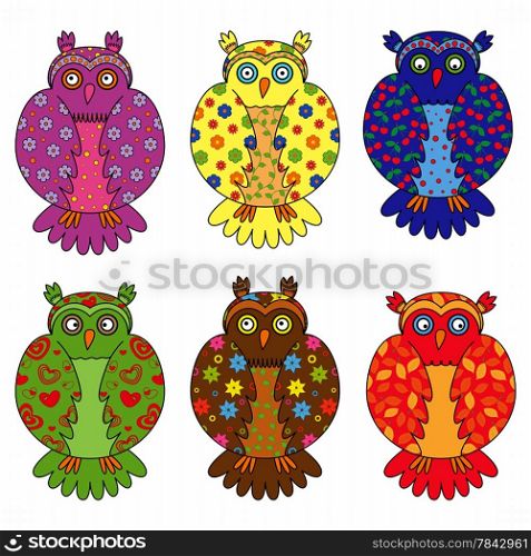 Set of six stylized owls painted by various floral and geometric ornaments, hand drawing cartoon vector illustration